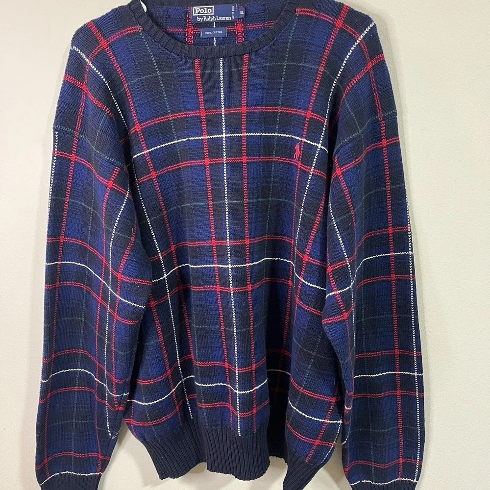 Polo Ralph Lauren Blue Plaid Knit Ski Sweater Men Size XL
